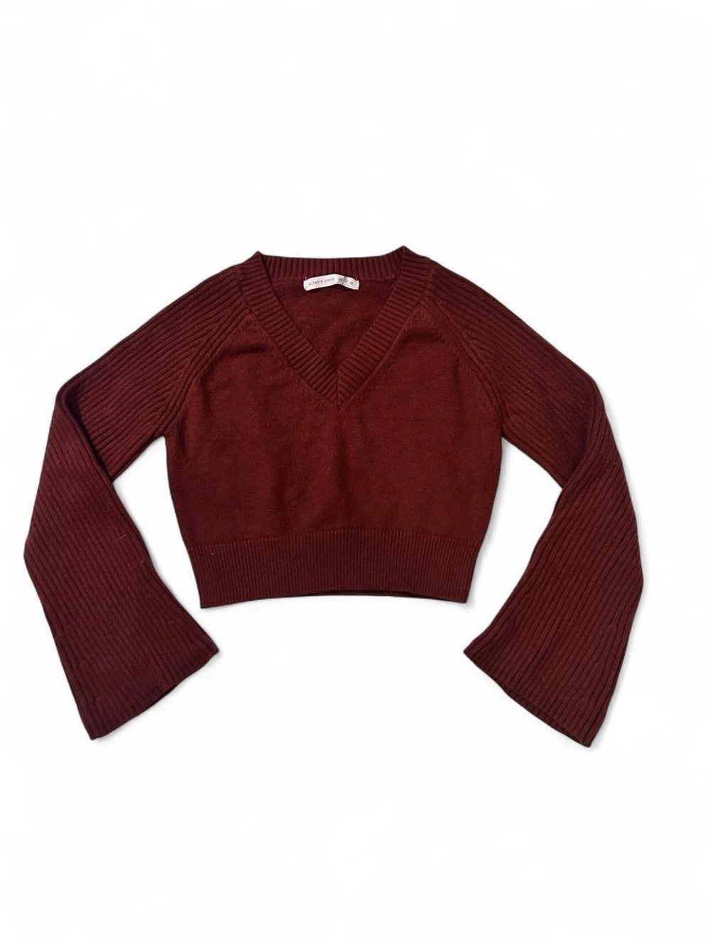 Altar'd State Rust/Burgundy V-Neck Cropped Bell-Sleeve Sweater